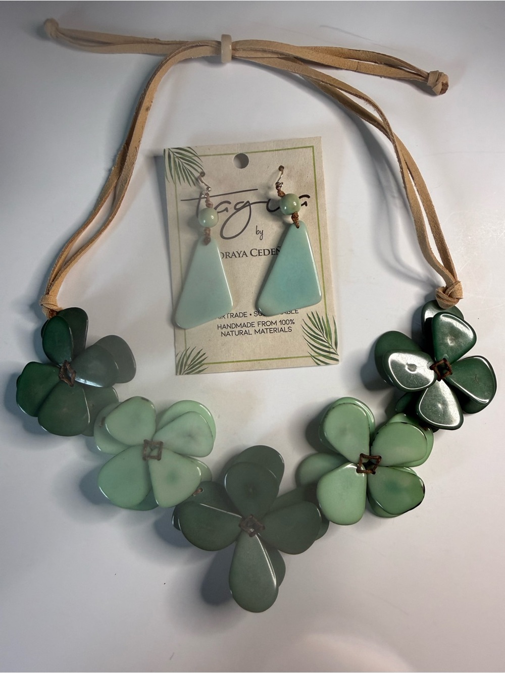 Handmade Tagua Green Floral Statement Necklace with Matching Earrings & Gift Bag